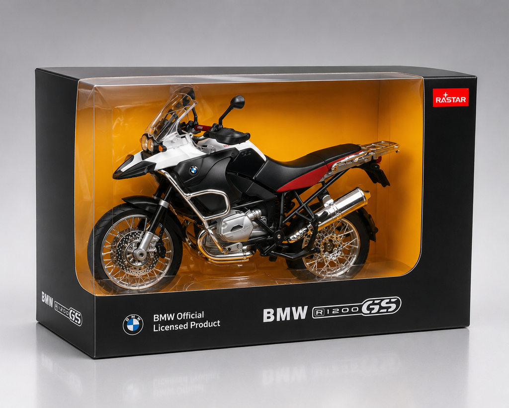 Rastar Official Licensed BMW R 1200 GS Diecast Motorcycle Model – 1/9 Scale Adventure Bike Replica(White & Red)