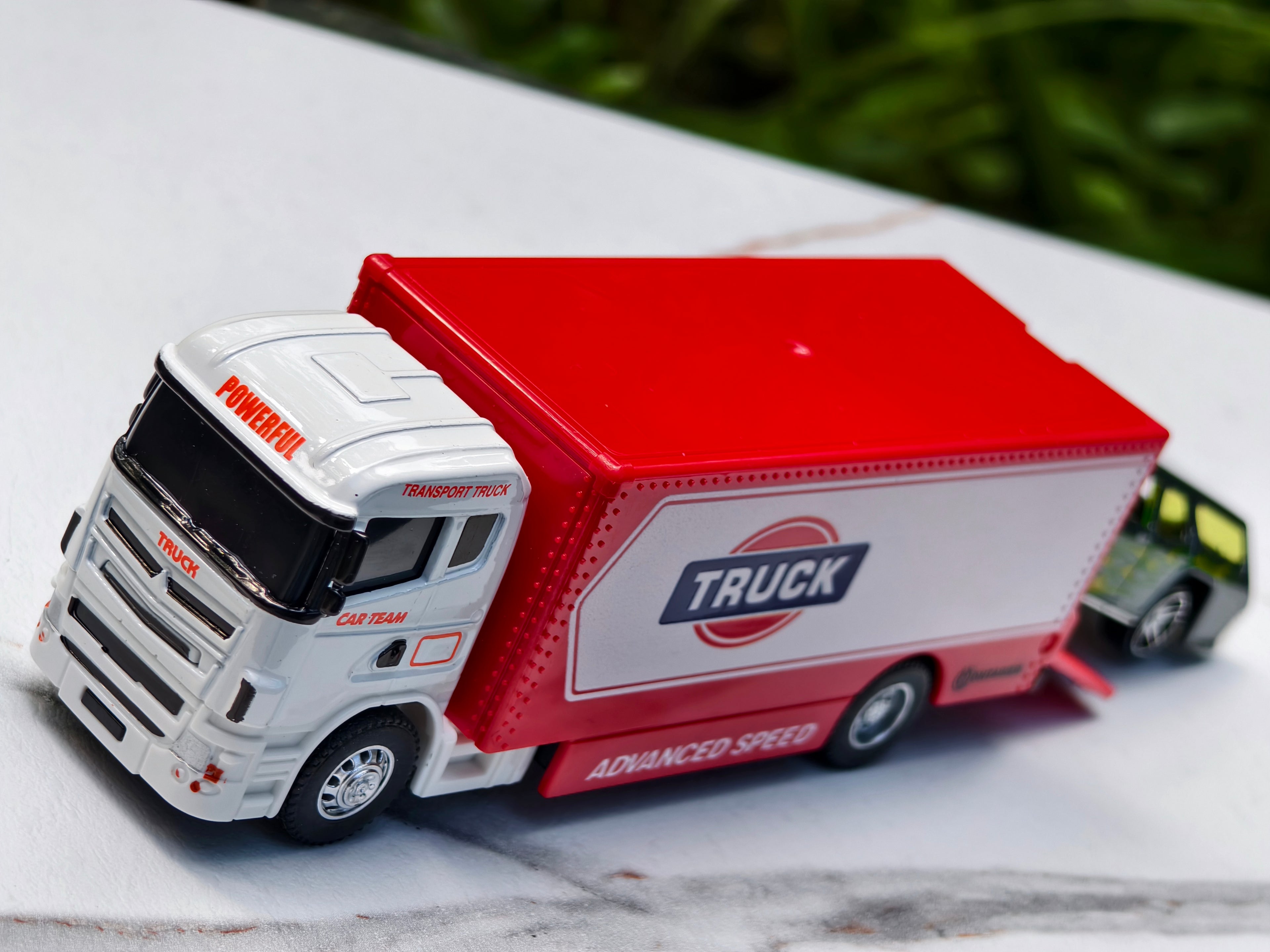 Red and White Transport Truck with Car 1:64 Scale