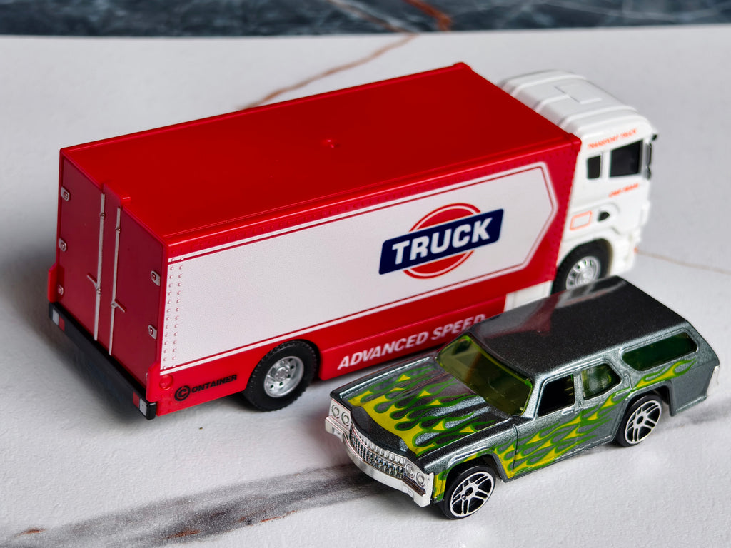 Red and White Transport Truck with Car 1:64 Scale