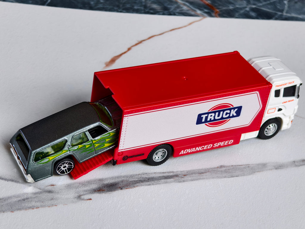 Red and White Transport Truck with Car 1:64 Scale
