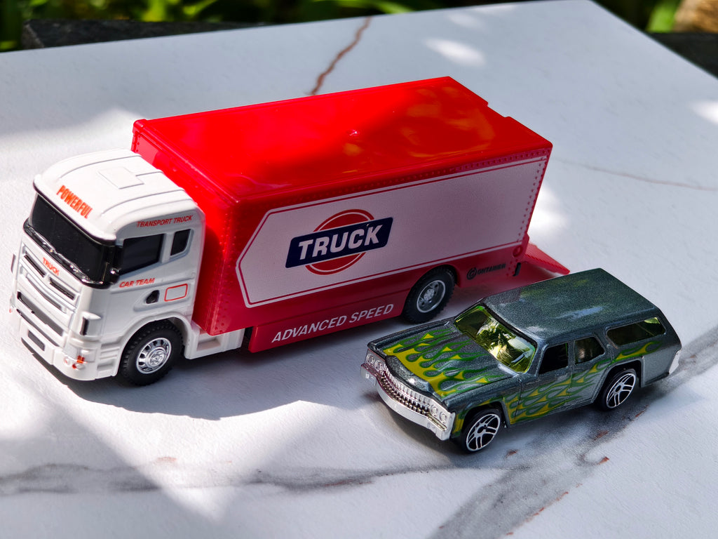 Red and White Transport Truck with Car 1:64 Scale