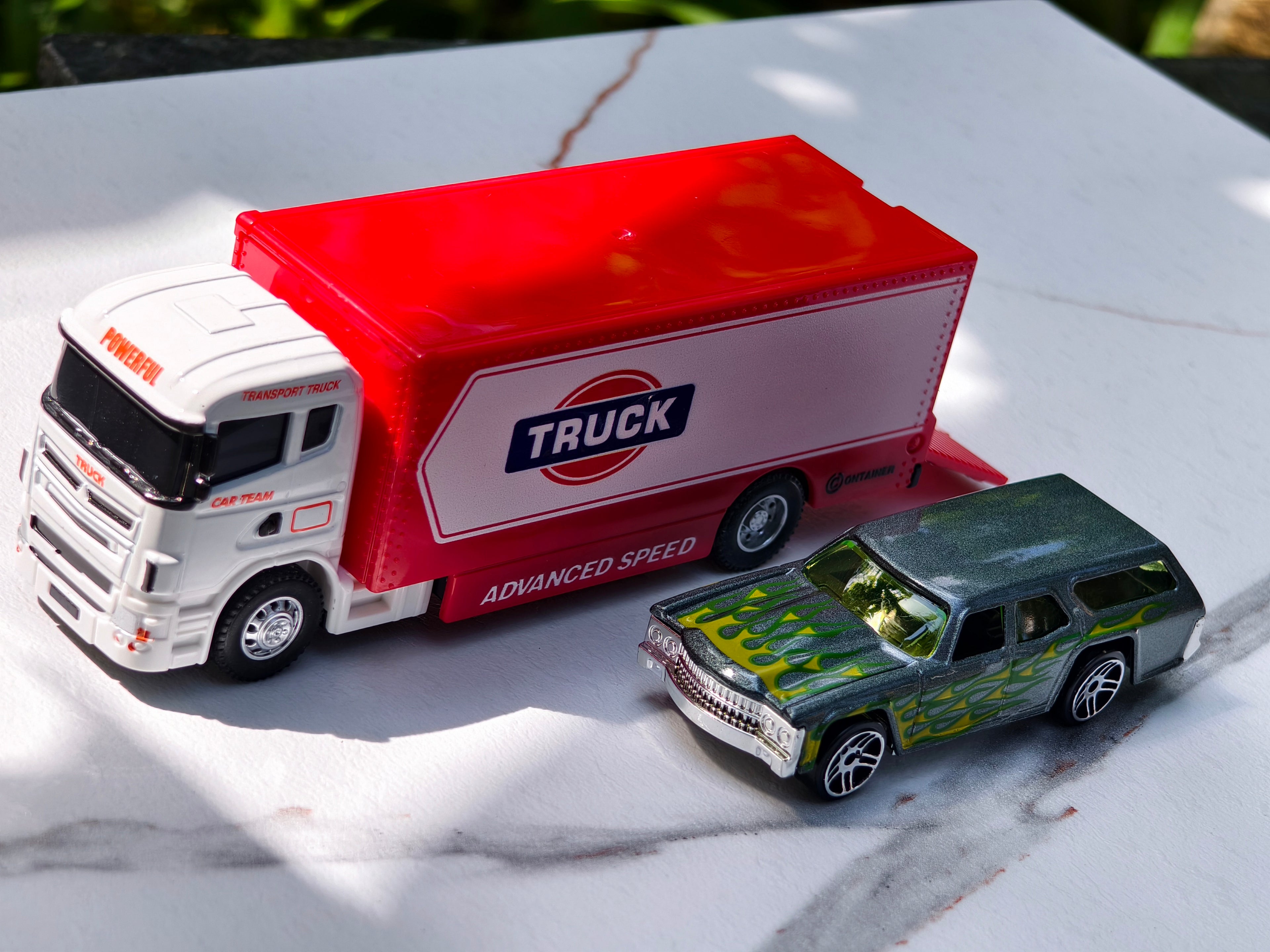 Red and White Transport Truck with Car 1:64 Scale