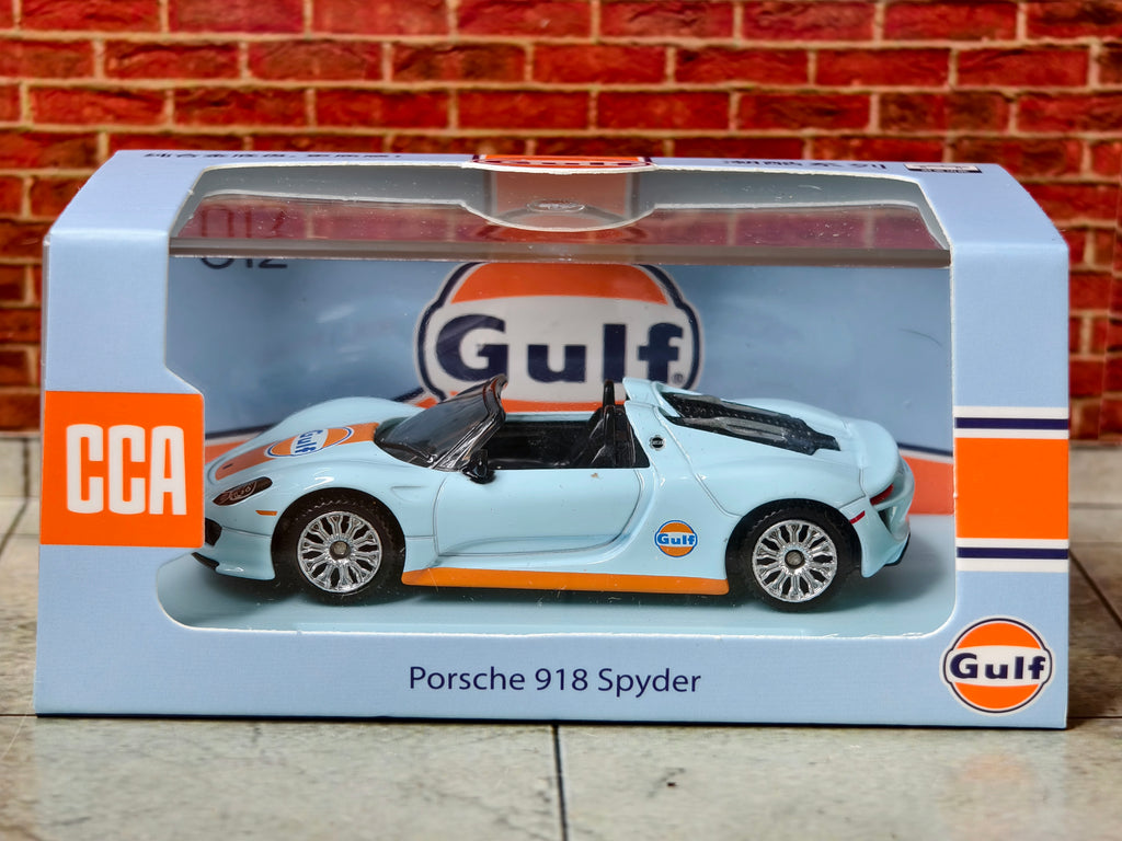 CCA Official Licensed PORSCHE 918 Spyder Gulf Edition 1:64 Scale Premium in Acrylic Box