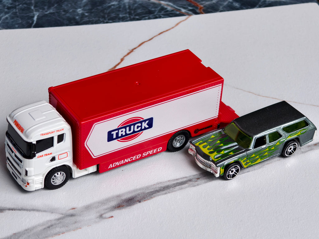 Red and White Transport Truck with Car 1:64 Scale