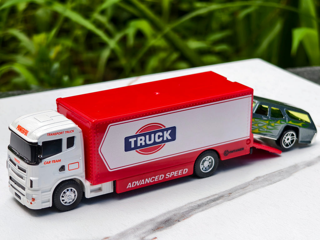 Red and White Transport Truck with Car 1:64 Scale