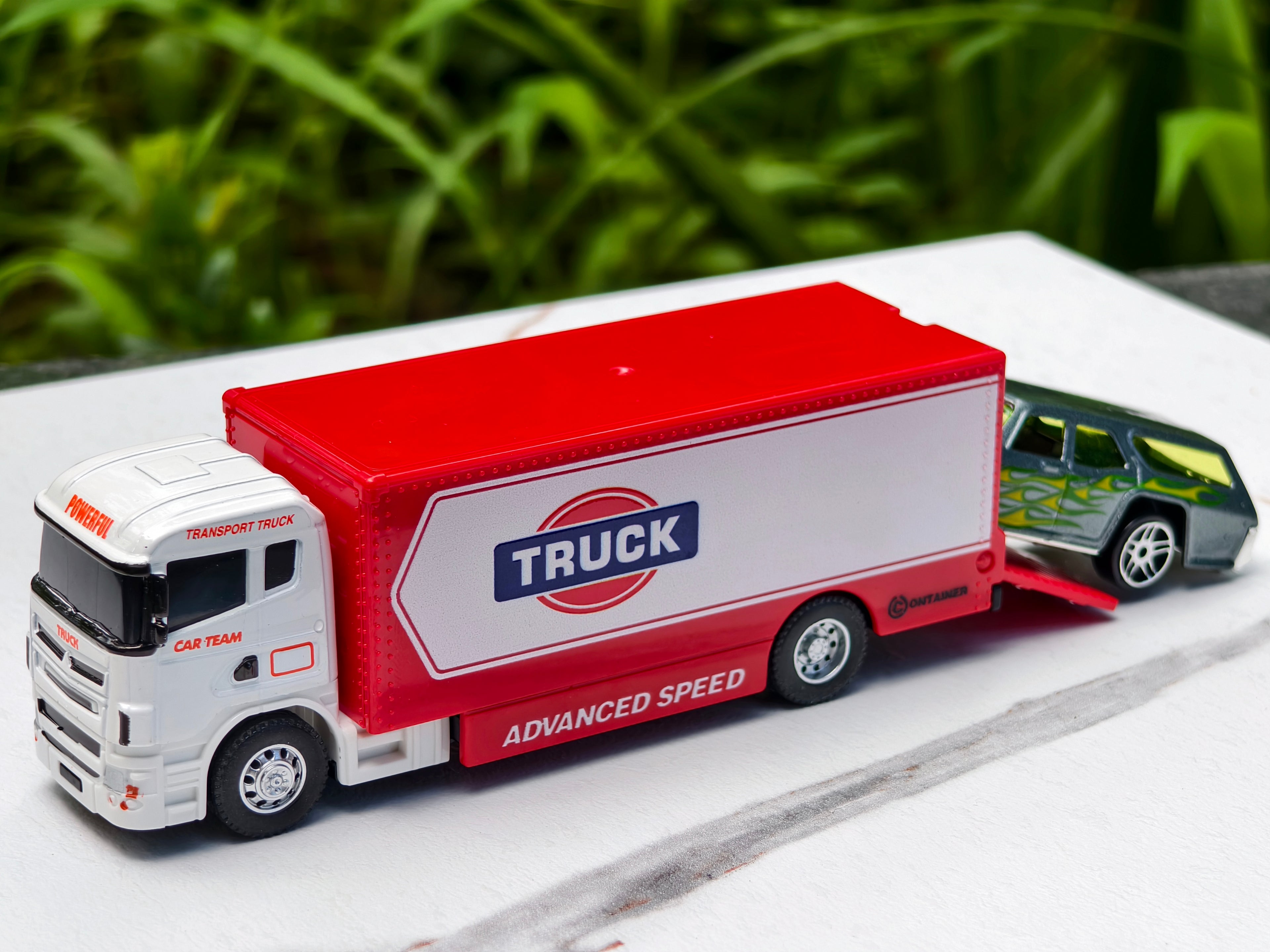 Red and White Transport Truck with Car 1:64 Scale